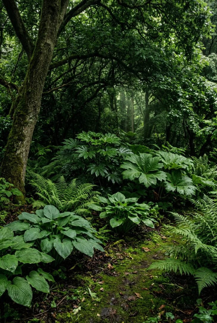 Deep shade planted with glossy fatsia, large hostas, rodgersia and ferns in low green light