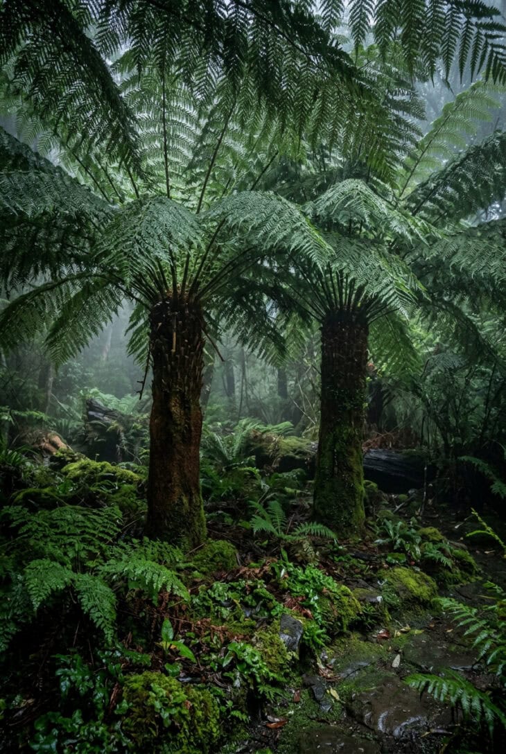 Two tree ferns with fibrous trunks and arching lacy fronds in a damp shaded mossy corner