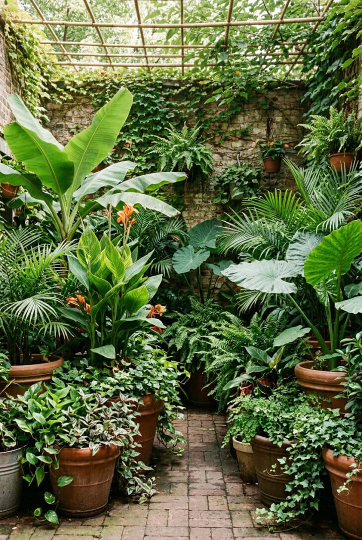 Small patio packed with pots of banana, canna, palm and fern so no floor is visible