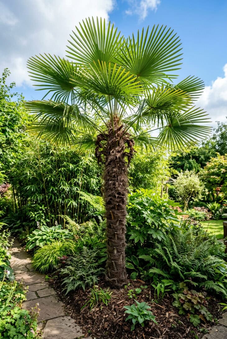 Windmill palm with a hairy fibrous trunk and stiff fan-shaped fronds above ferns and bamboo