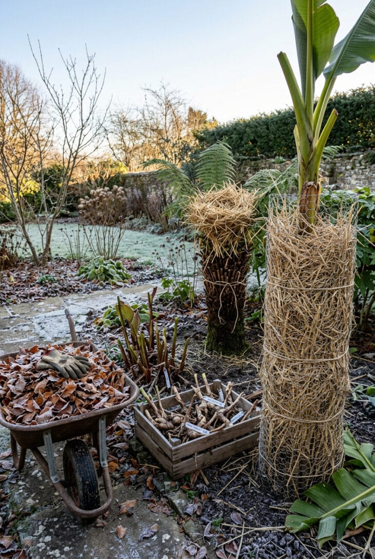 Banana stem wrapped in a straw-packed wire cage and lifted canna rhizomes in a crate in late autumn