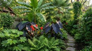 Dense jungle-style backyard with banana leaves, palms, elephant ears and scarlet cannas around a stepping stone path