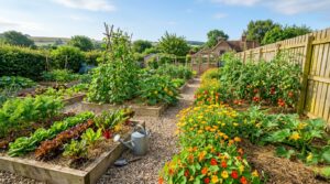 Kitchen garden with rows of lettuce and chard, a bean wigwam and ripening tomatoes
