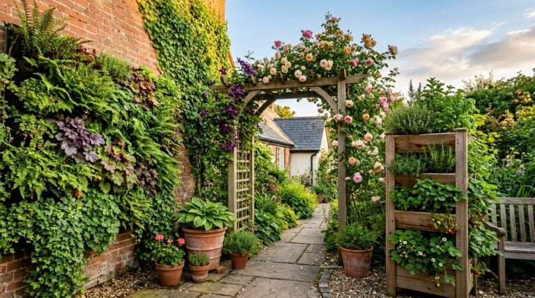 Sunny courtyard wall covered in a living wall, climbing roses on a trellis and a cedar herb tower, all planted vertically