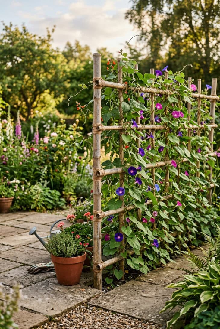 Natural bamboo trellis screen with climbing beans and morning glory twining up it along a patio