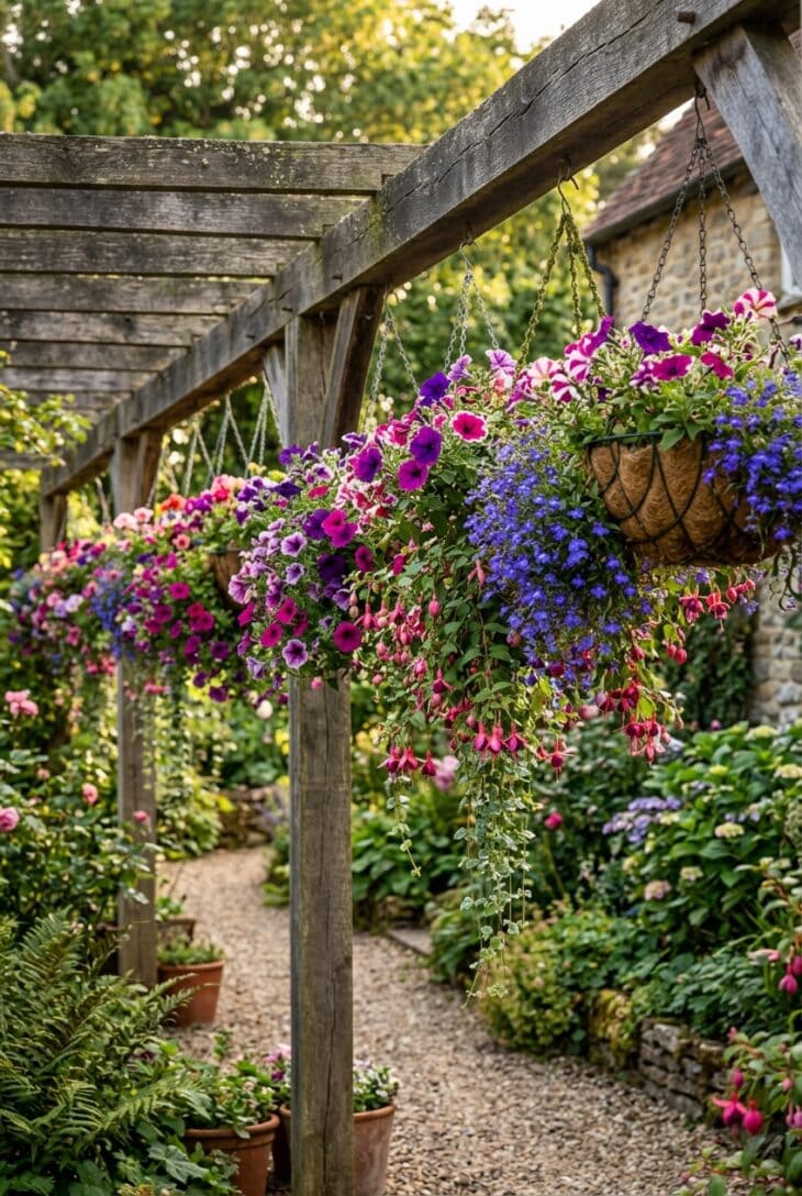 Row of hanging baskets at staggered heights overflowing with trailing petunias, fuchsias and lobelia