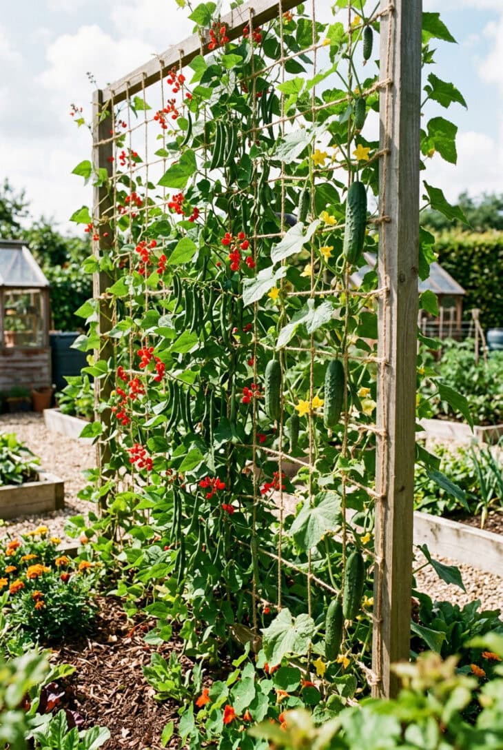Vertical netting grid with climbing runner beans and cucumbers scrambling up it, vegetables hanging down