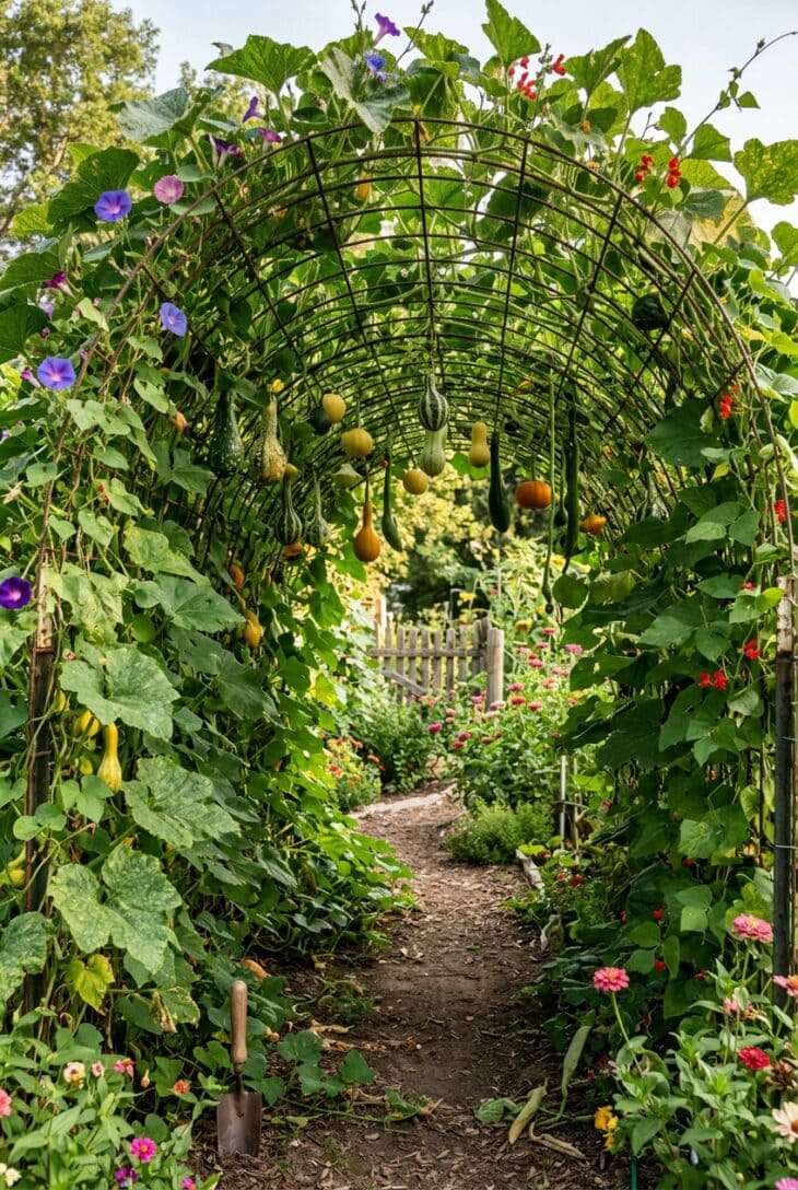 Arched tunnel of curved metal panel over a path covered in climbing squash and vines with fruit hanging inside