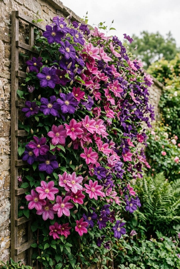 Wall-mounted trellis panel covered in large purple and pink clematis flowers held flat in a sheet of color
