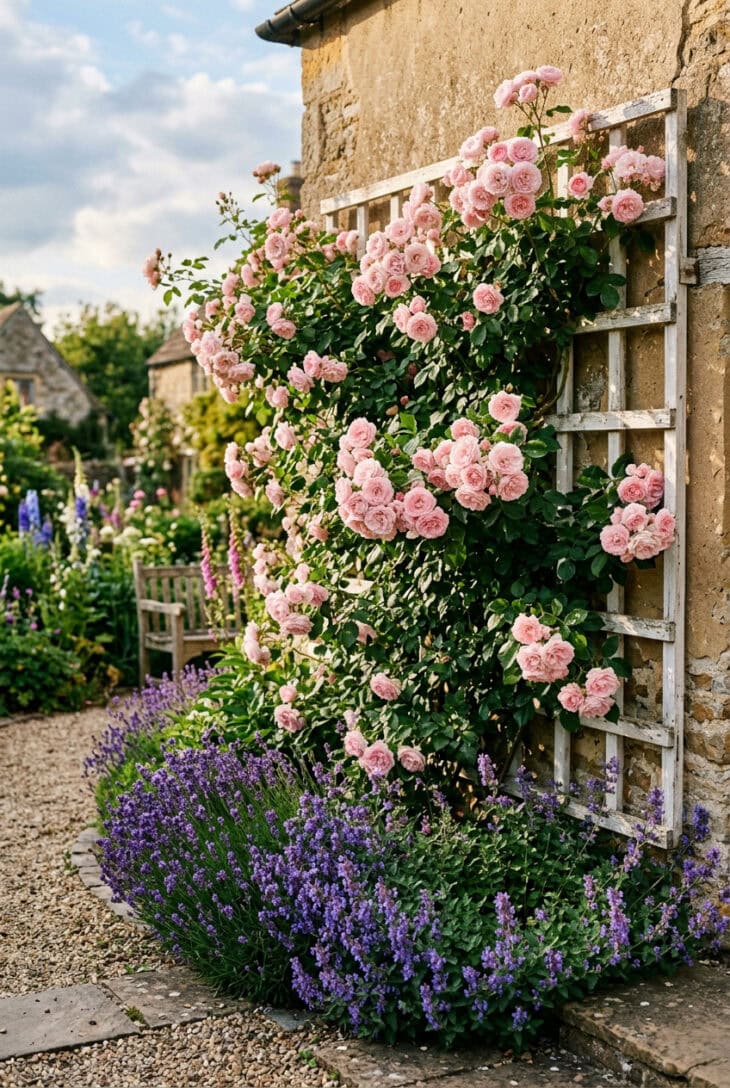 Pink climbing rose trained across a white trellis on a sunny wall over lavender