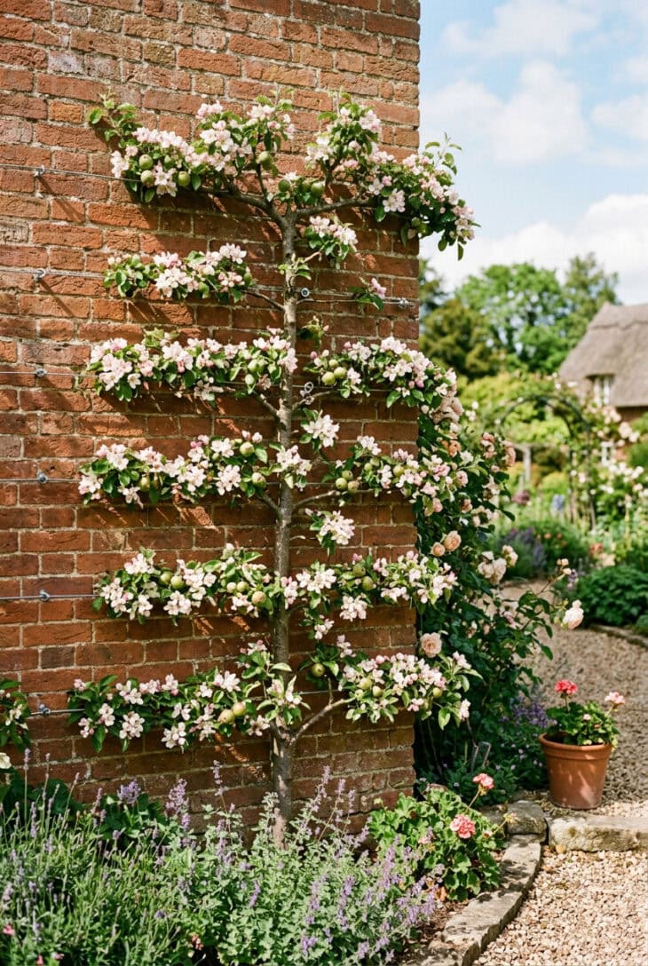 Apple tree trained flat as a formal espalier in horizontal tiers against a sunny brick wall