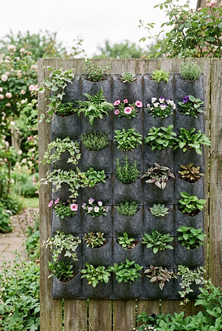 Grid of felt fabric planting pockets on a fence holding mixed foliage and flowers