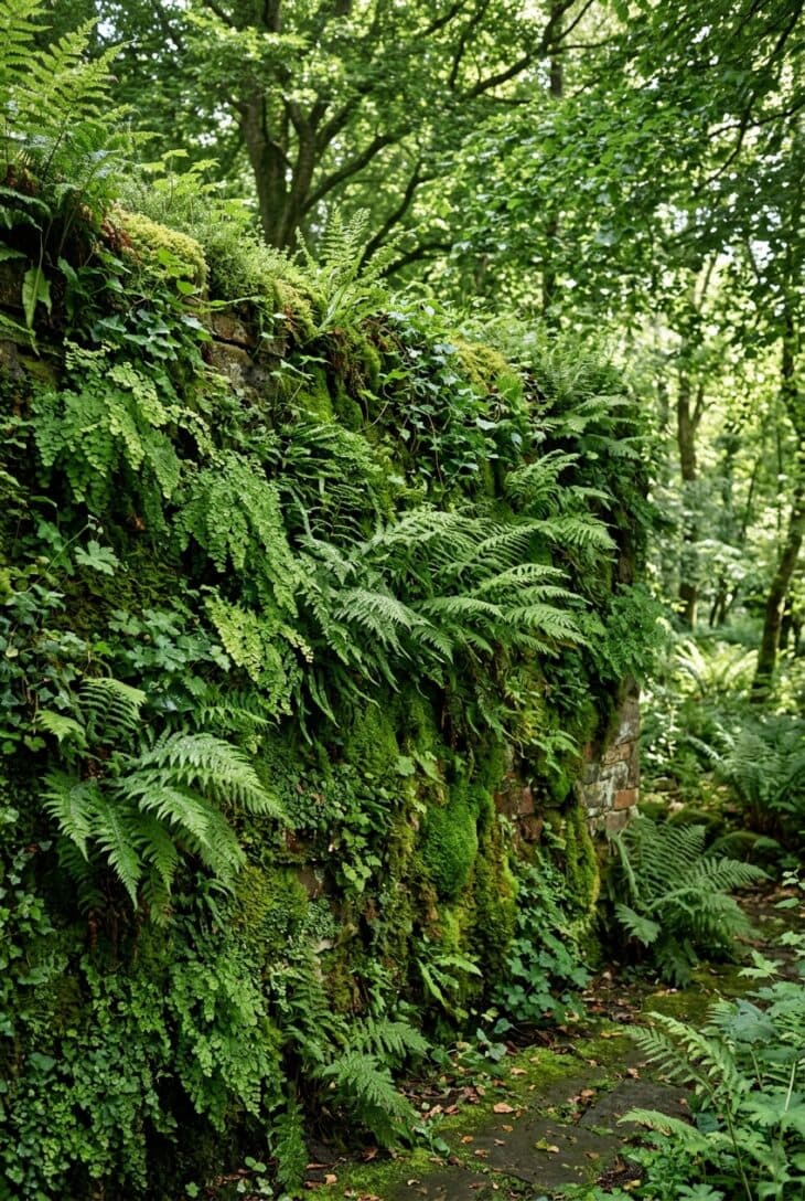 Shaded wall covered in a lush green wall of ferns, moss and woodland foliage in cool dappled light