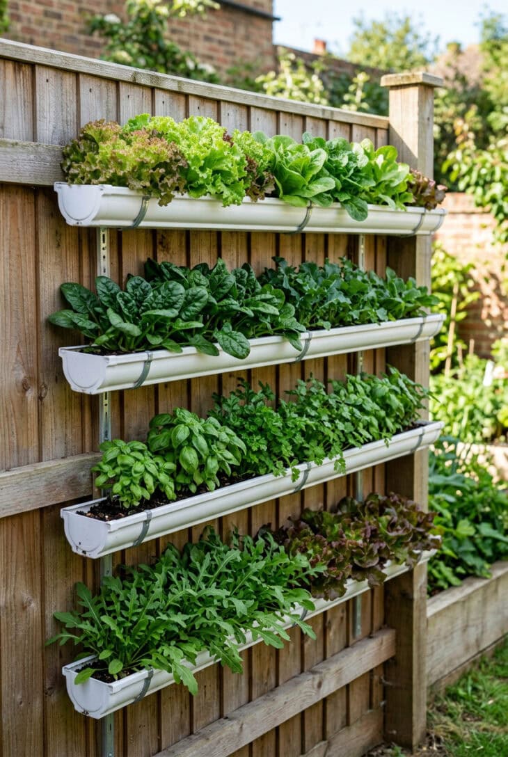 Rows of rain gutter mounted on a fence and planted with lettuce, spinach and herbs like green shelves