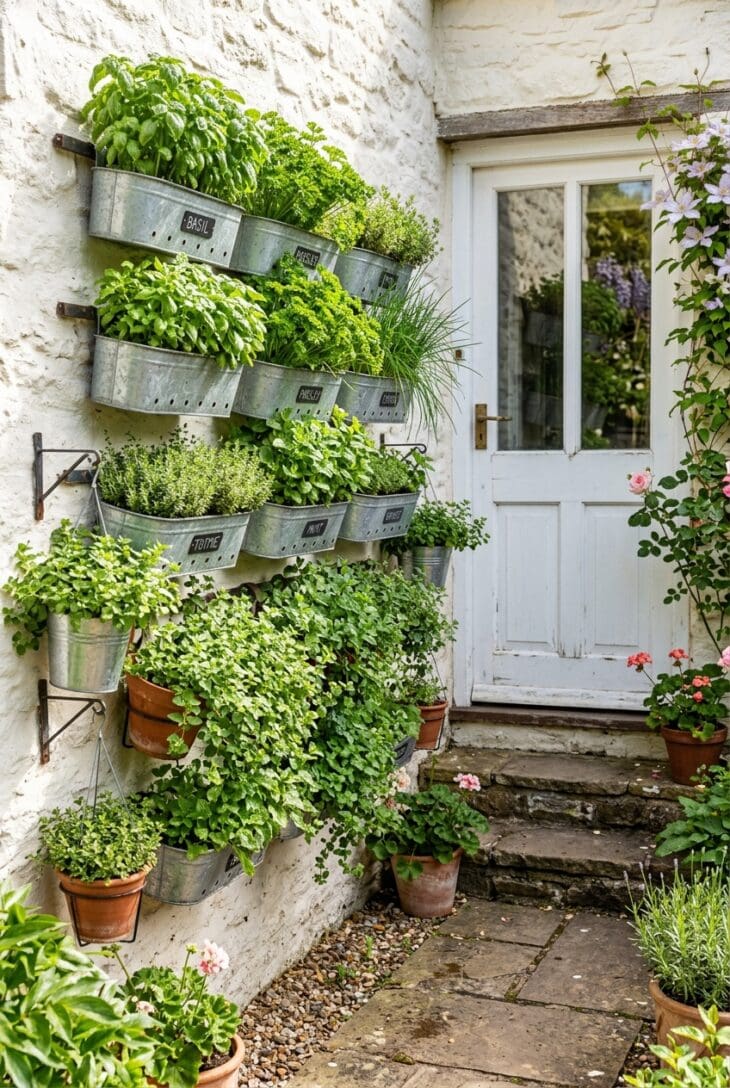 Wall beside a back door fitted with metal planters full of basil, parsley, chives, thyme and mint