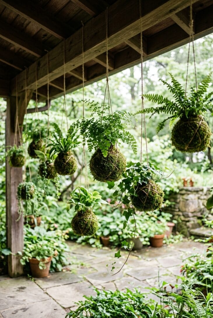 Kokedama moss balls hung at different heights under a porch, each a fern or trailing plant on string