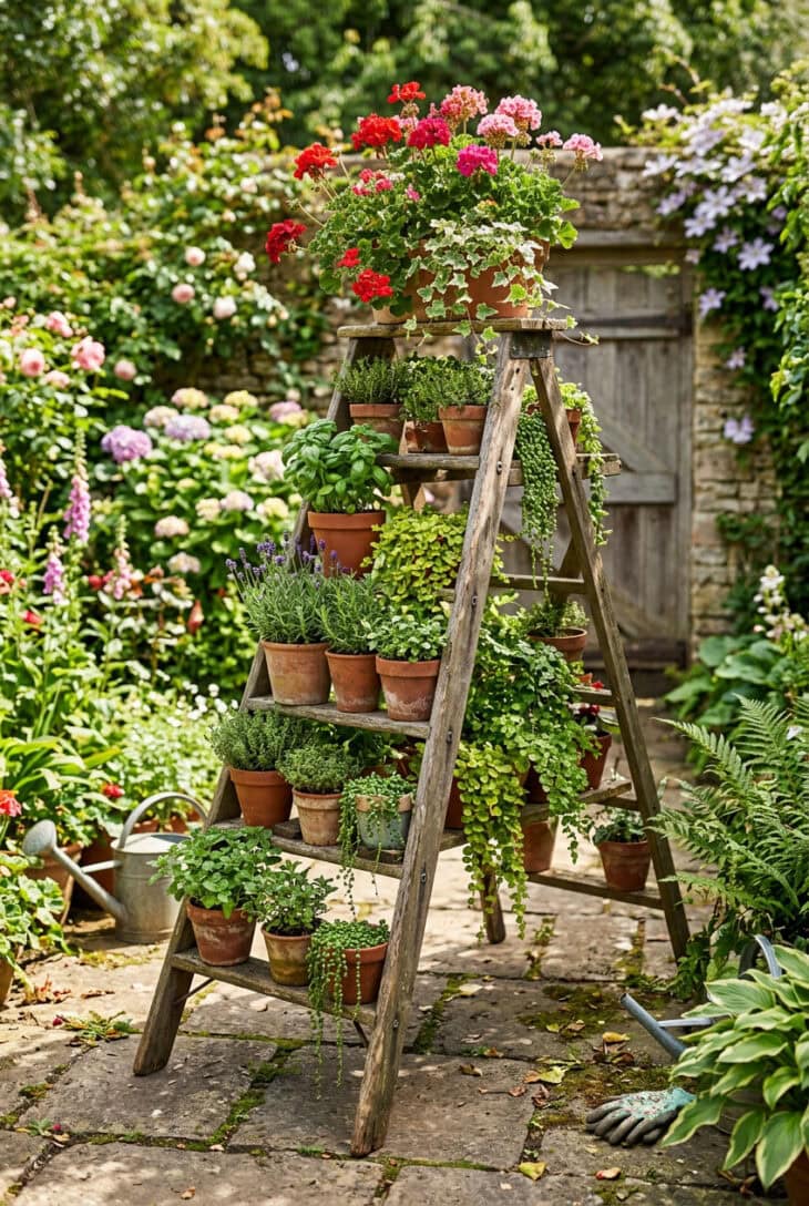 Wooden stepladder used as plant staging with tiers of potted geraniums, herbs and trailing plants