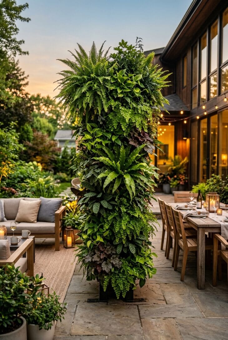 Freestanding double-sided living wall on a patio used as a green room divider between two seating areas