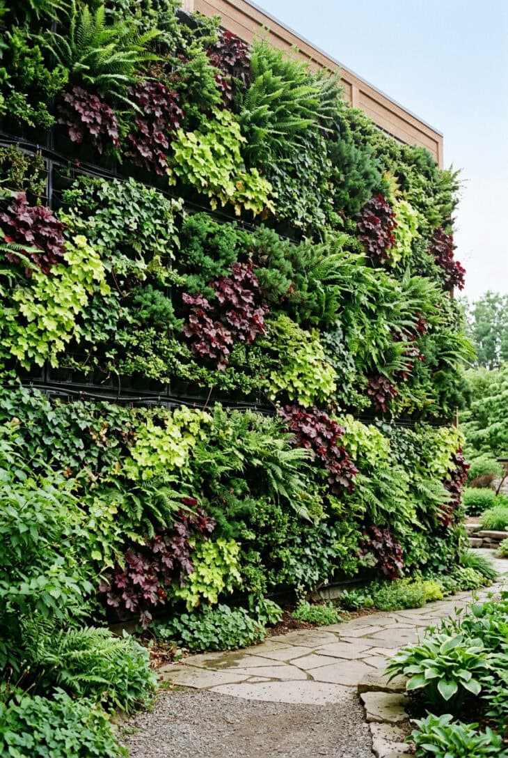 Exterior wall covered in a modular living wall of ferns, heuchera, ivy and small evergreens