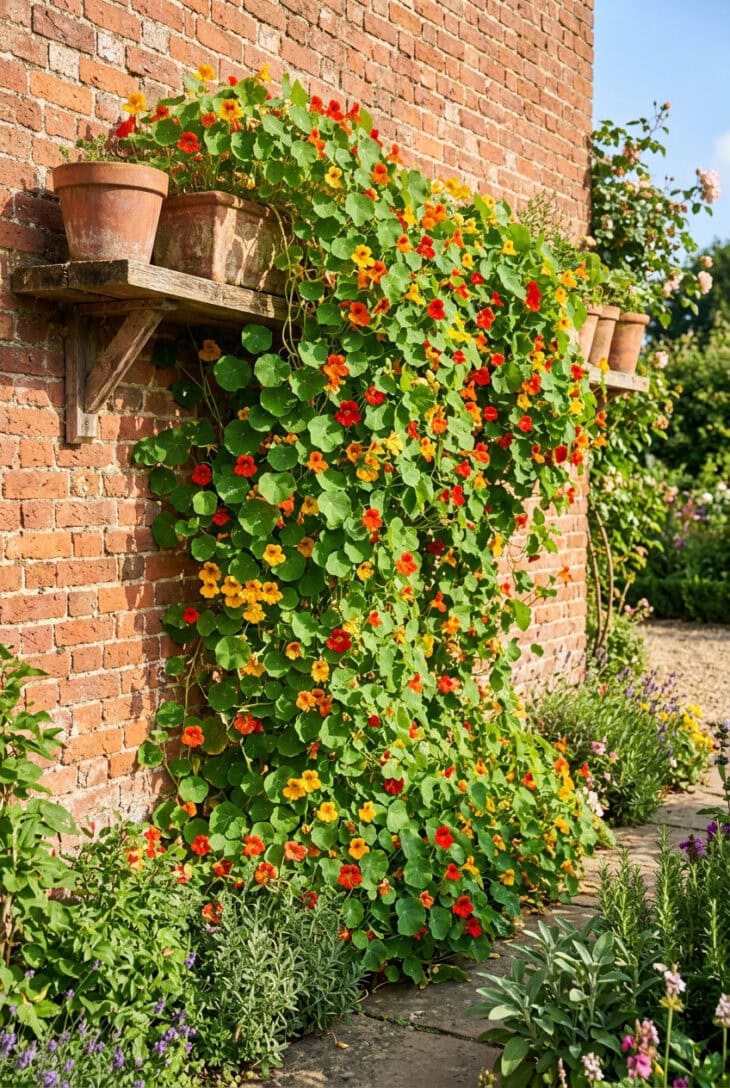 Sunny wall with containers spilling trailing nasturtiums in orange, red and yellow down the brick