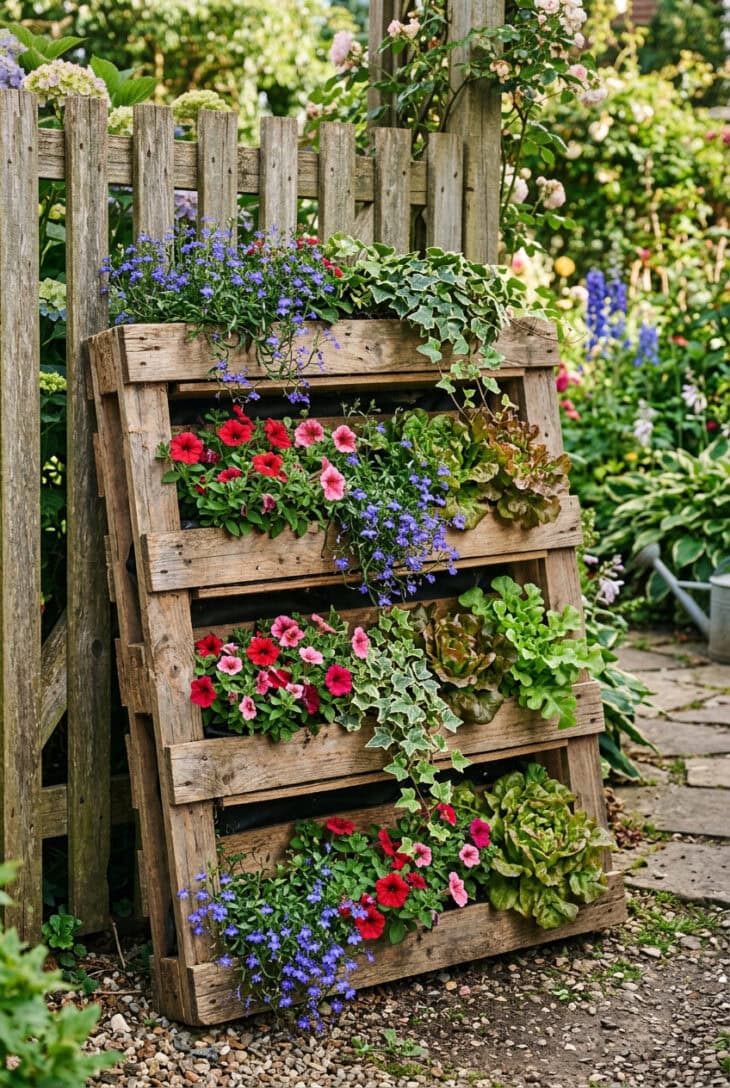 Upright wooden pallet planted with trailing lobelia, petunias, ivy and lettuce against a fence