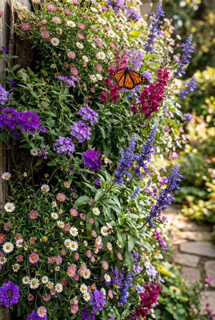 Vertical planted wall of trailing verbena, salvia and daisies in purple and pink with bees and a butterfly
