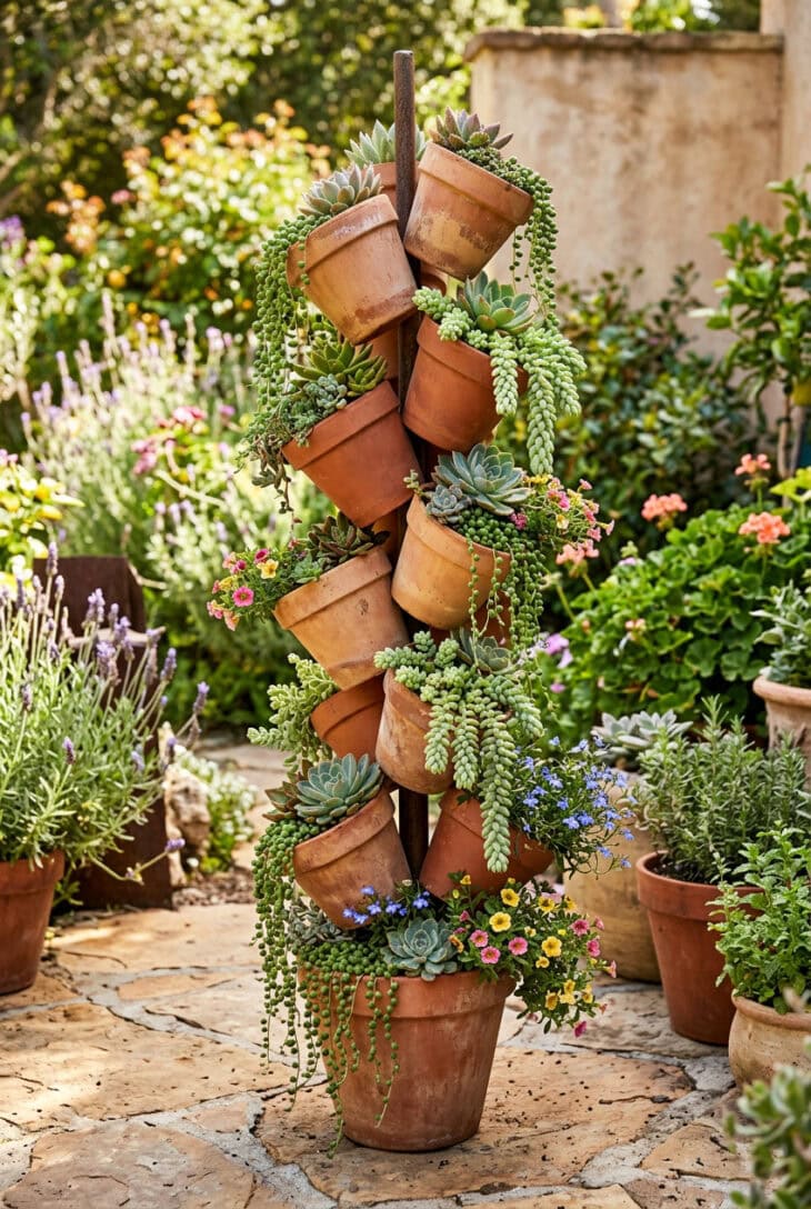 Tower of stacked terracotta pots threaded on a stake and planted with trailing succulents and sedum