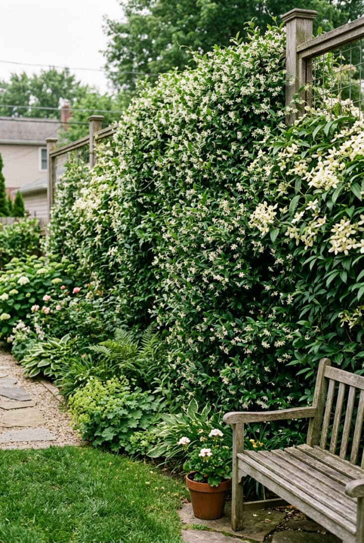 Tall wire screen along a boundary densely covered in evergreen climbing jasmine and clematis