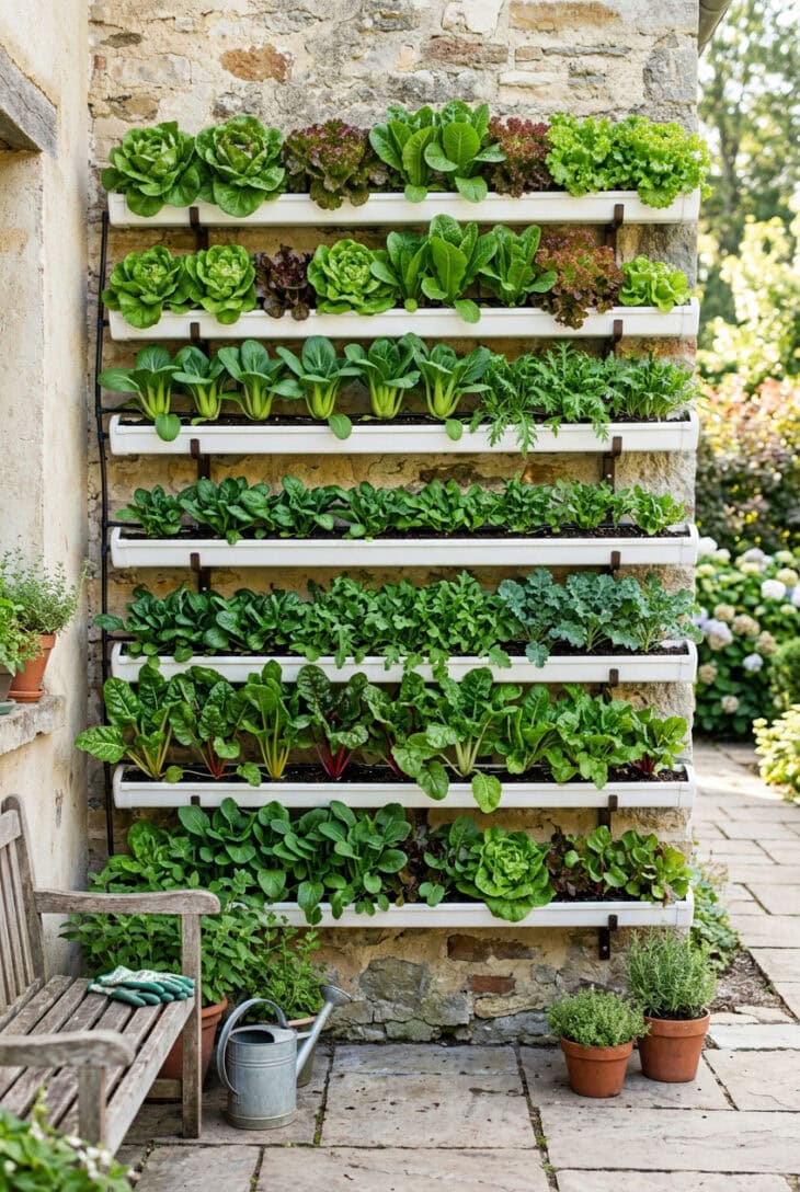 Stacked vertical planting channels on a patio wall filled with rows of healthy lettuce and leafy greens