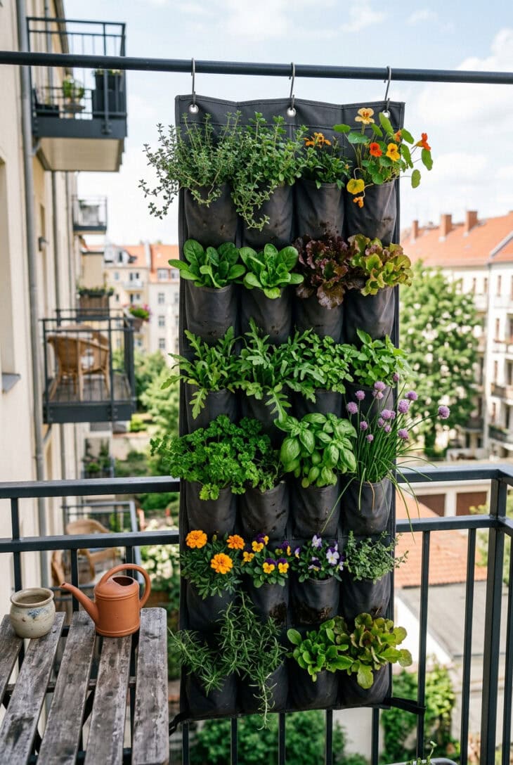 Hanging fabric shoe organizer on a balcony rail with pockets planted with herbs, salad and small flowers