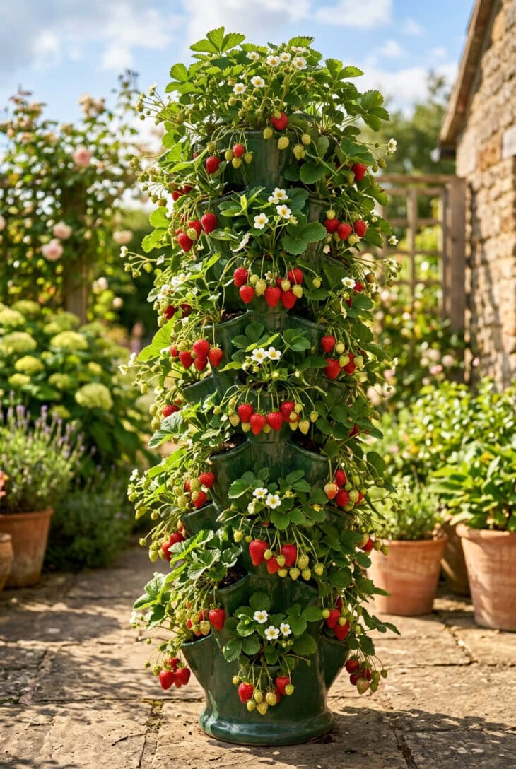 Tall vertical strawberry planter with ripe red berries and white flowers spilling from planting pockets