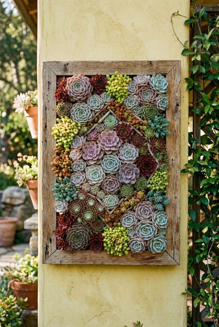 Framed vertical succulent panel on a wall packed with echeveria, sempervivum and sedum rosettes
