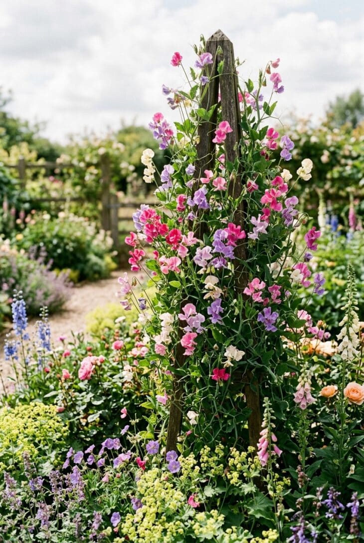 Wooden obelisk in a border covered in climbing sweet peas in pink, purple and cream
