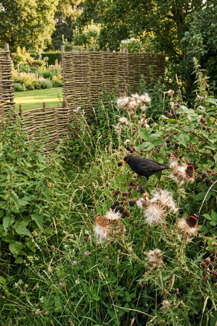 Untidy wild corner of nettles, brambles and thistles behind a screen