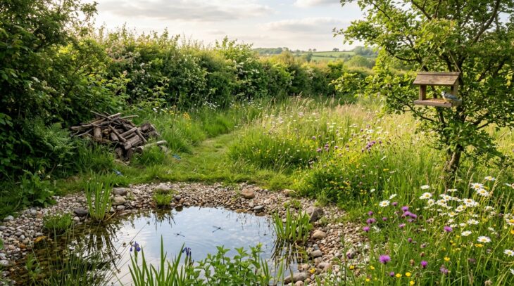Wildlife garden with a small pond, wildflower meadow, native hedge and log pile