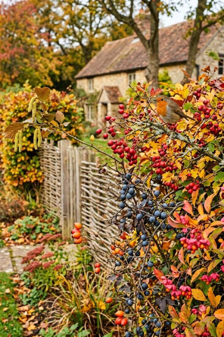 Hawthorn berries, sloes and rose hips in a hedgerow with a robin