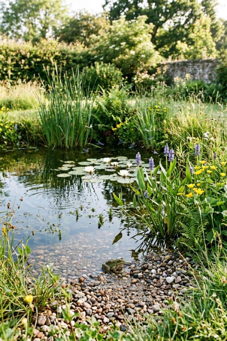 Small wildlife pond with a shallow pebble beach and marginal planting