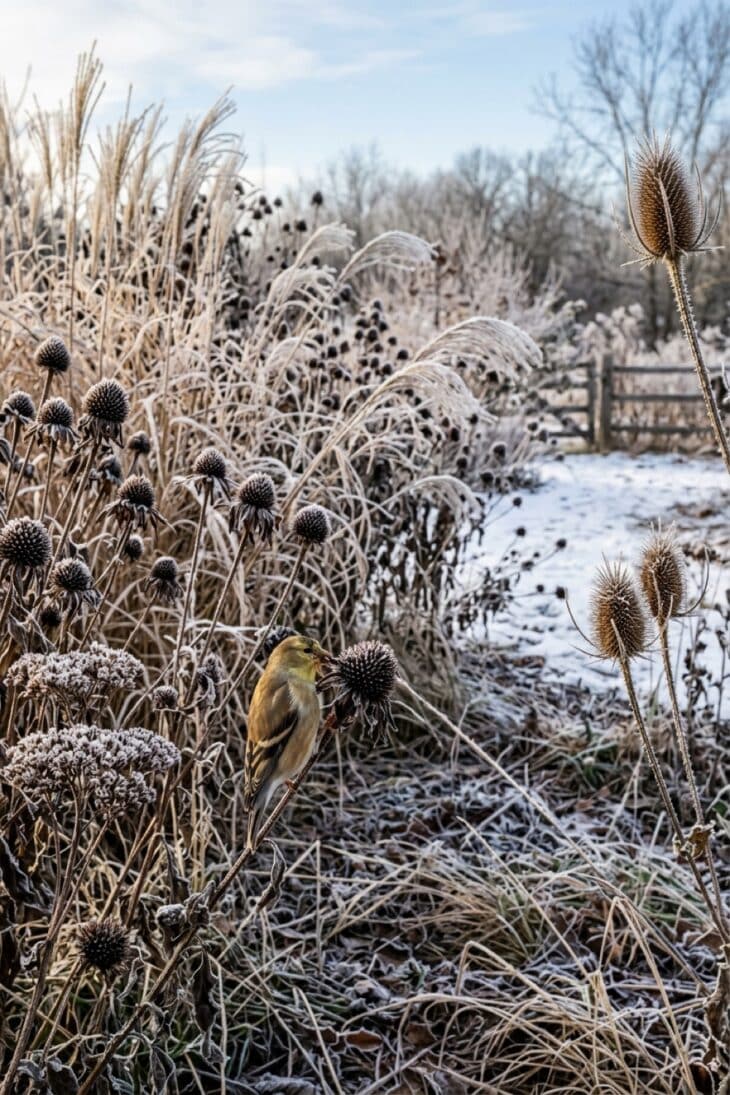 Frost-covered seedheads and grasses left standing in a winter border
