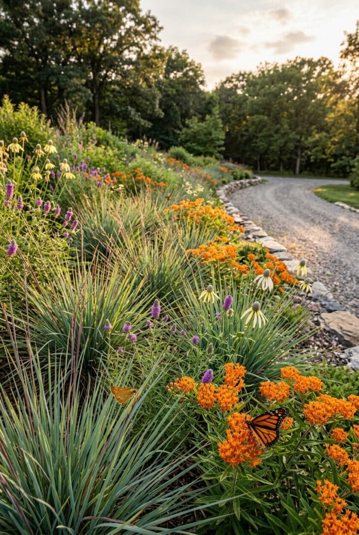 Sunny slope planted with blue-green little bluestem and orange butterfly weed with skippers and a monarch