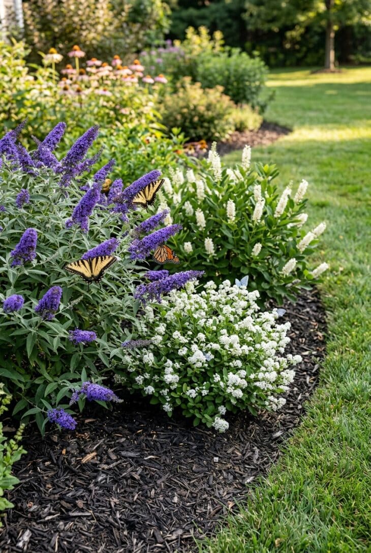 Compact violet butterfly bush beside white-flowered native shrubs, with swallowtails and a monarch on the flowers
