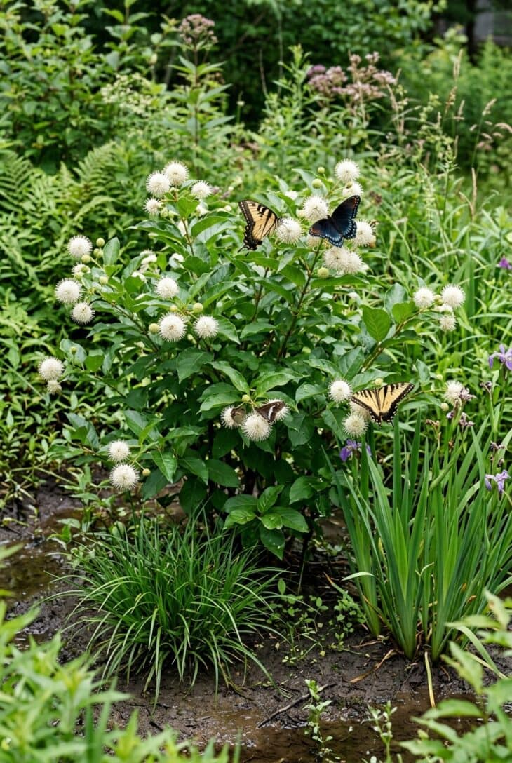 Buttonbush covered in round white flowers with swallowtails and a skipper, sedges and iris growing in damp ground below