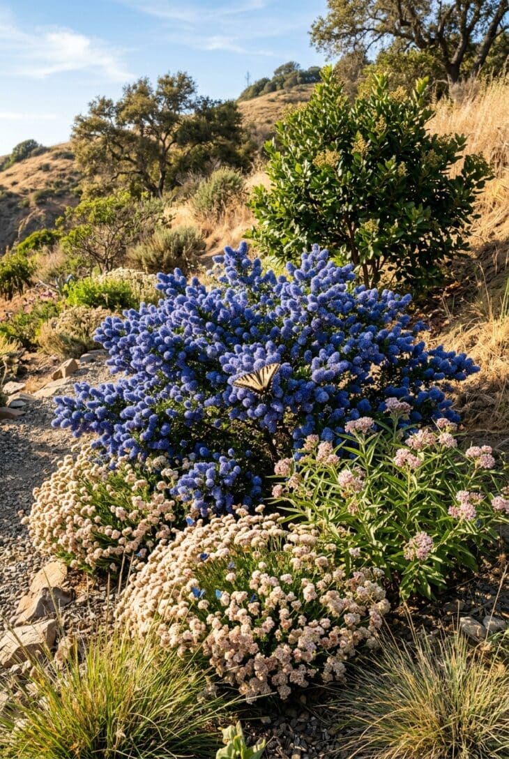 California native garden of blue ceanothus, buckwheat and narrowleaf milkweed with a pale swallowtail feeding