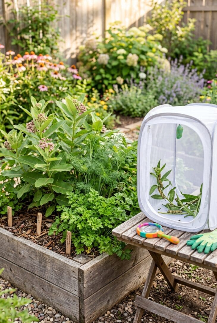 Child-height raised bed of milkweed and dill beside a mesh rearing cage holding caterpillars and a green monarch chrysalis
