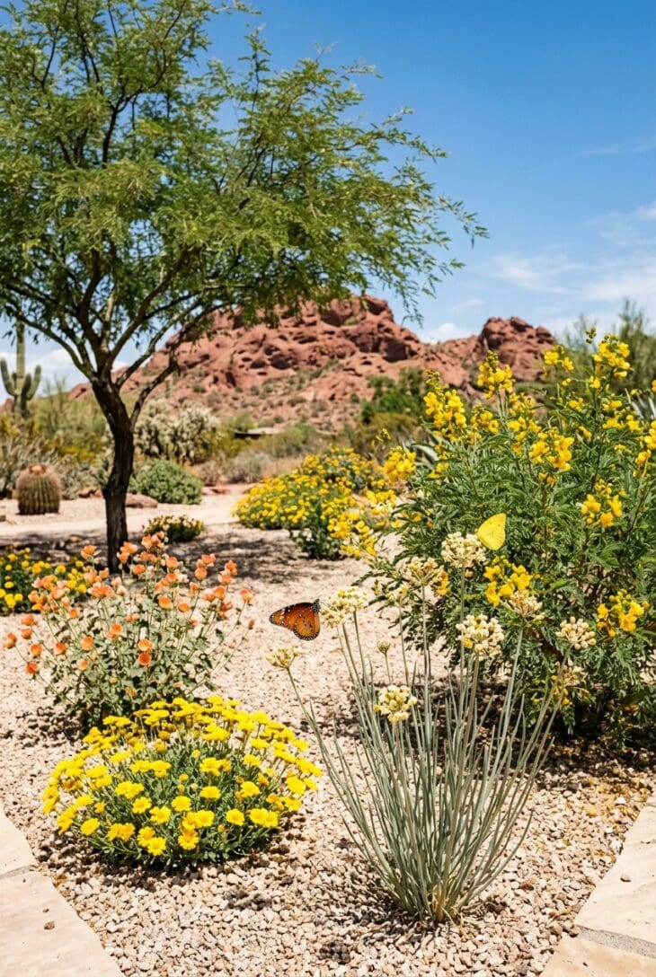 Desert garden of globe mallow, desert marigold and desert milkweed under a mesquite tree with a queen butterfly feeding