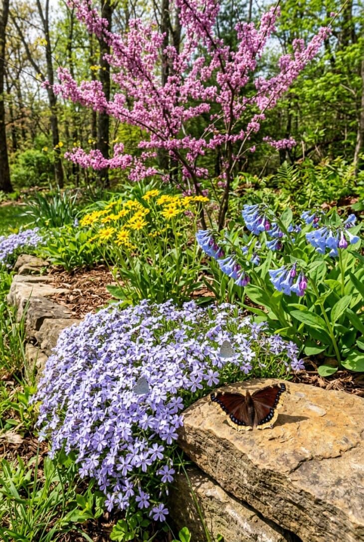 Spring bed of creeping phlox, golden ragwort and Virginia bluebells under a pink redbud with a mourning cloak basking