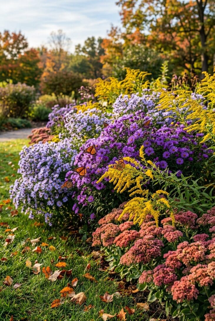 Fall border of purple asters and golden goldenrod with migrating monarchs and a painted lady feeding