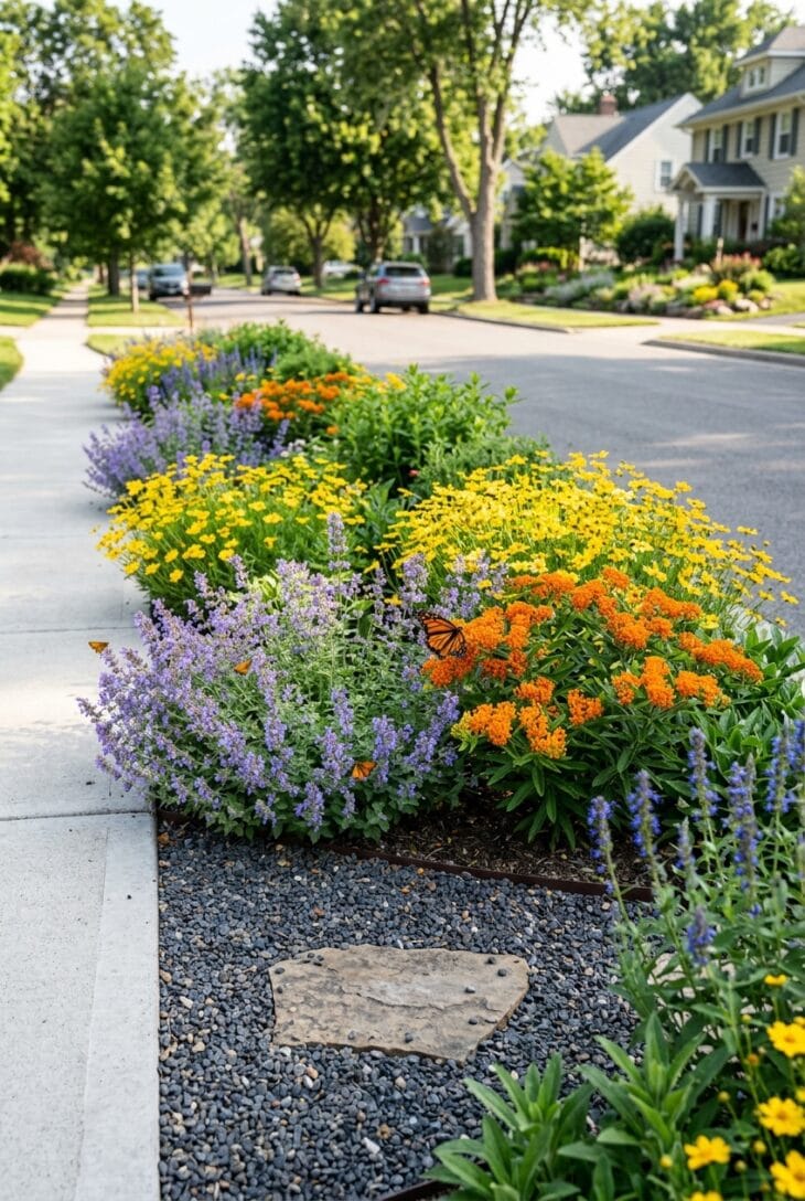 Curbside strip of catmint, yellow coreopsis, orange butterfly weed and anise hyssop with a monarch and skippers feeding