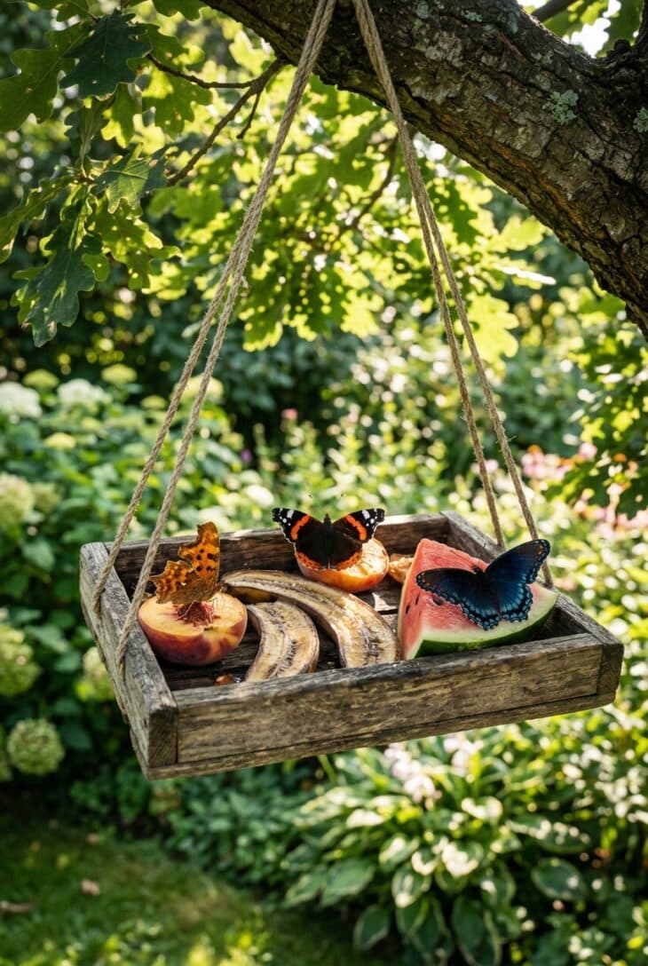 Hanging wooden tray of overripe banana, peaches and watermelon with a red admiral and other butterflies feeding
