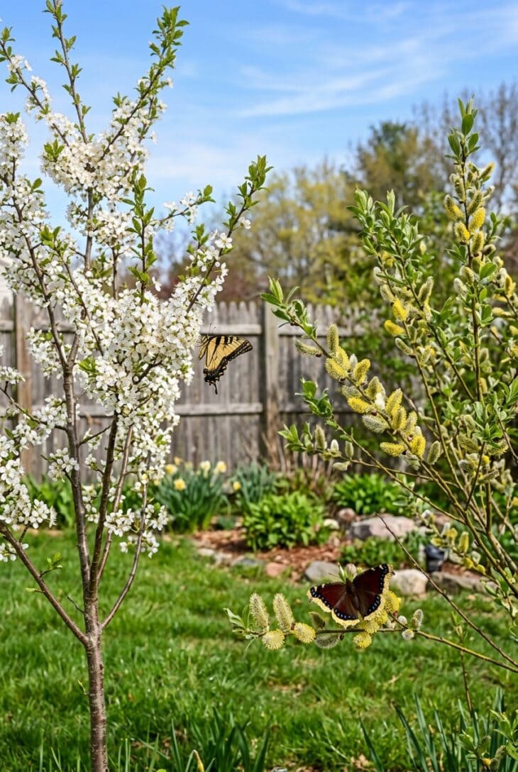 White-blossomed wild plum and a silvery pussy willow at the edge of a yard with a mourning cloak butterfly on a branch