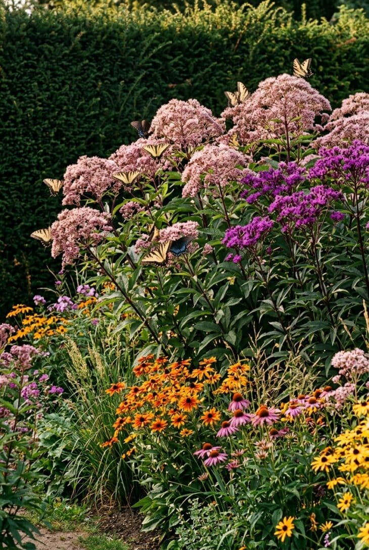 Tall pink Joe Pye weed and purple ironweed at the back of a border with tiger swallowtails feeding on the flowers